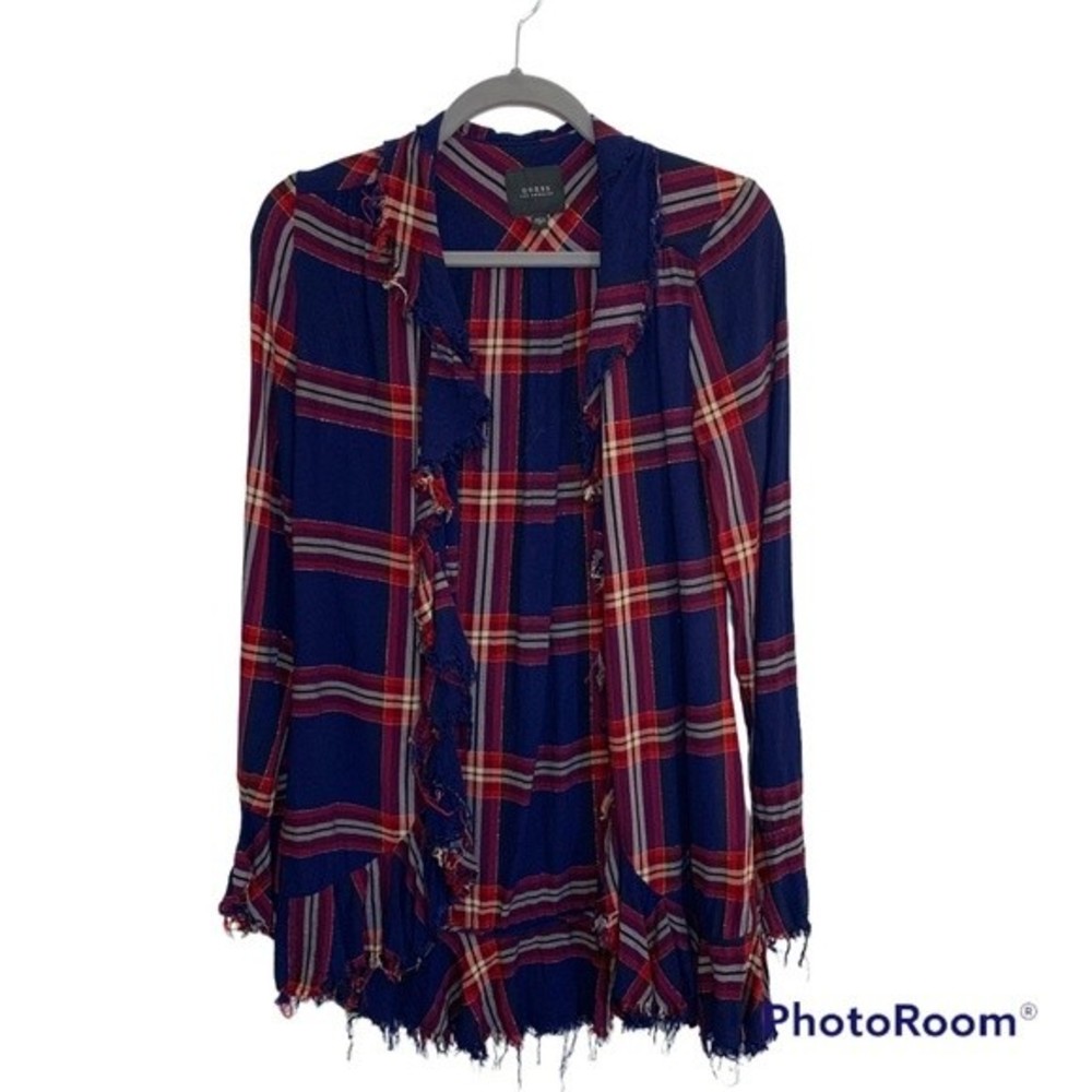 Guess Open Front Frayed Flannel